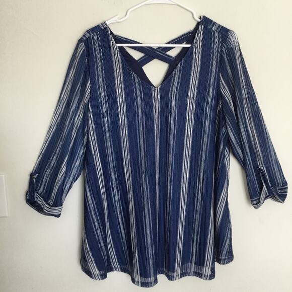 Roz & Ali Tops - Roz & Ali Blue n White Striped 3/4-length sleeves lined Tunic Blouse Sz 1XL